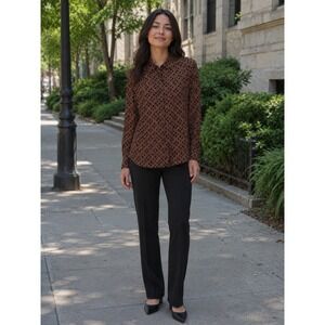 Trina Turk 100% Silk Long Sleeve Button Up Shirt Size M Brown Preppy Classic